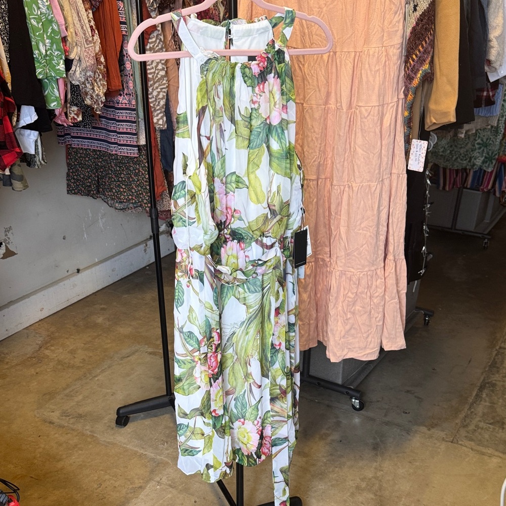 Adrianna Papell Asymmetrical Floral Dress - Green and Pink